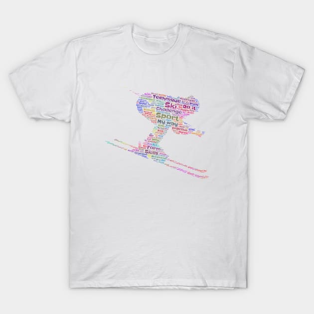 Skier Ski Silhouette Shape Text Word Cloud T-Shirt by Cubebox